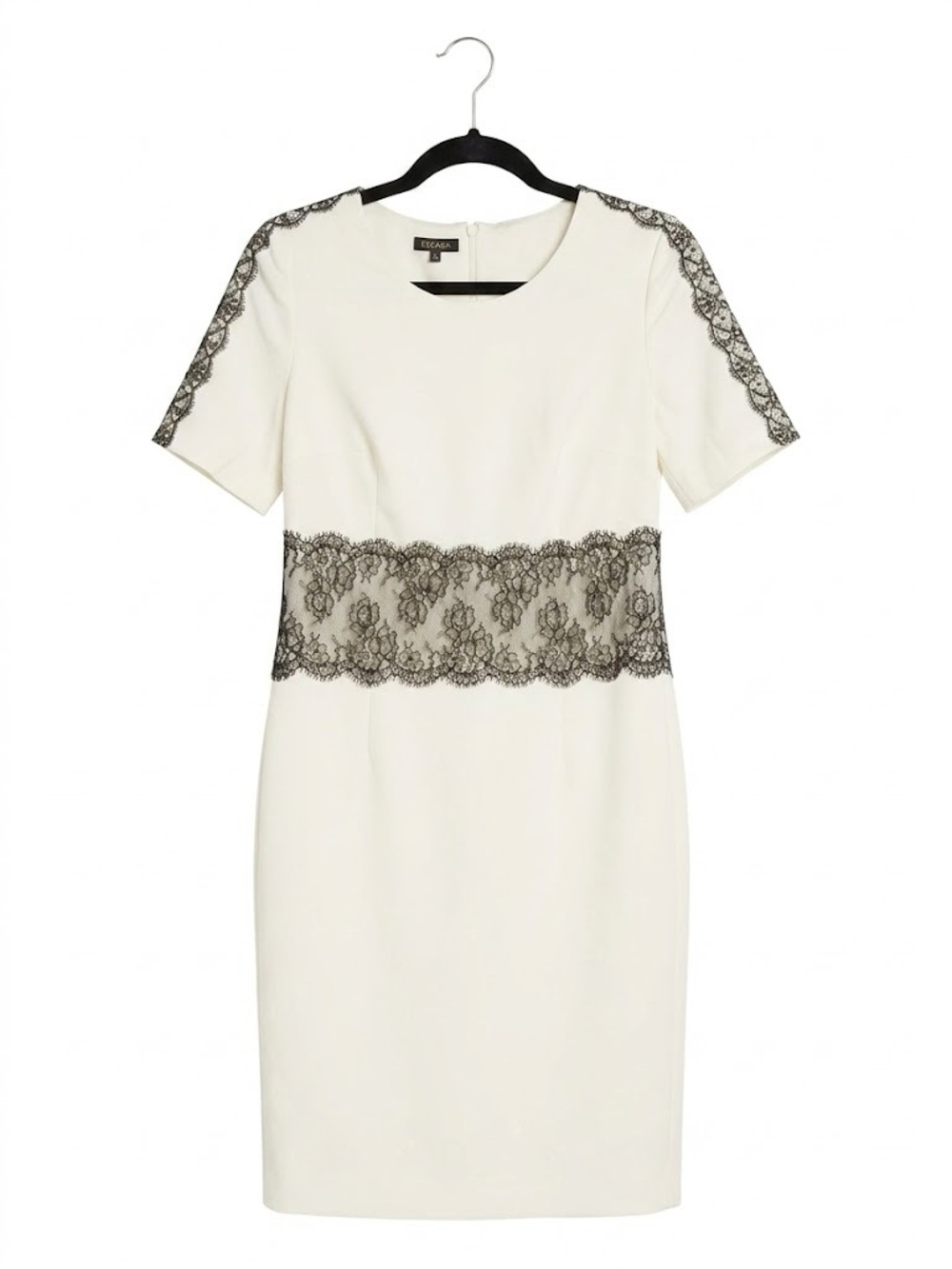 Escada Cream Shift Dress with Black Lace Waist & Sleeve Detail Sz 38 AS IS